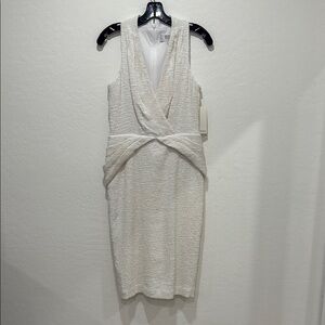 Badgley Mischka White Ruched Cowl Neck Sheath Dress